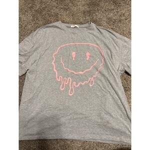 ROMWE Gray Pink Drip Smiley Face Oversized Tee Women's Size Small